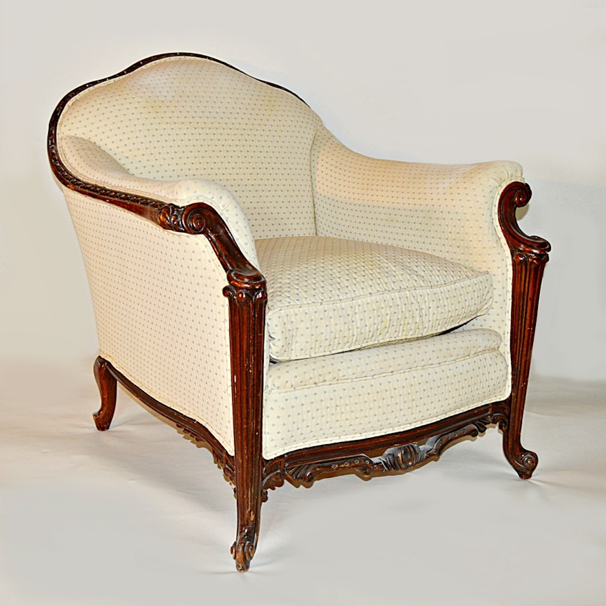 Vintage Louis XV Style Carved Mahogany Bergere with Cream Upholstery