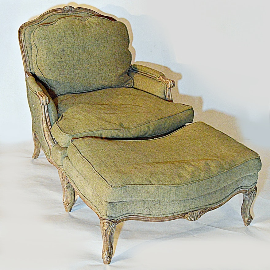 Fairfield Louis XV Style Bergere and Ottoman in Olive Green