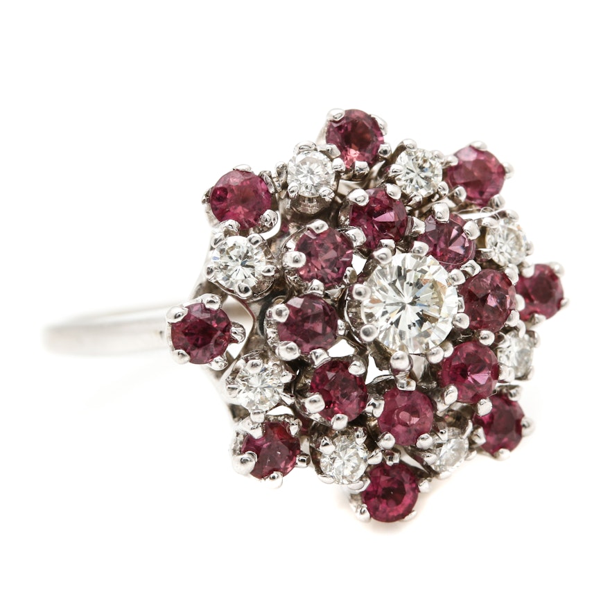 14K White Gold Diamond and Ruby Cluster Ring
