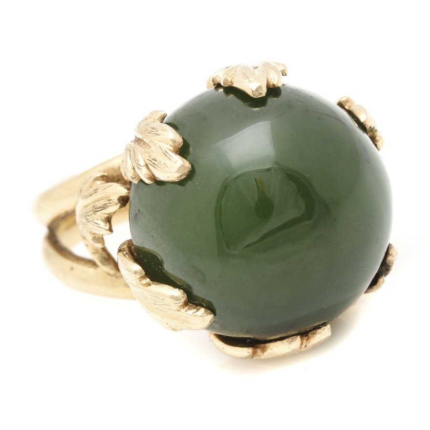 14K Yellow Gold Nephrite Foliate Ring