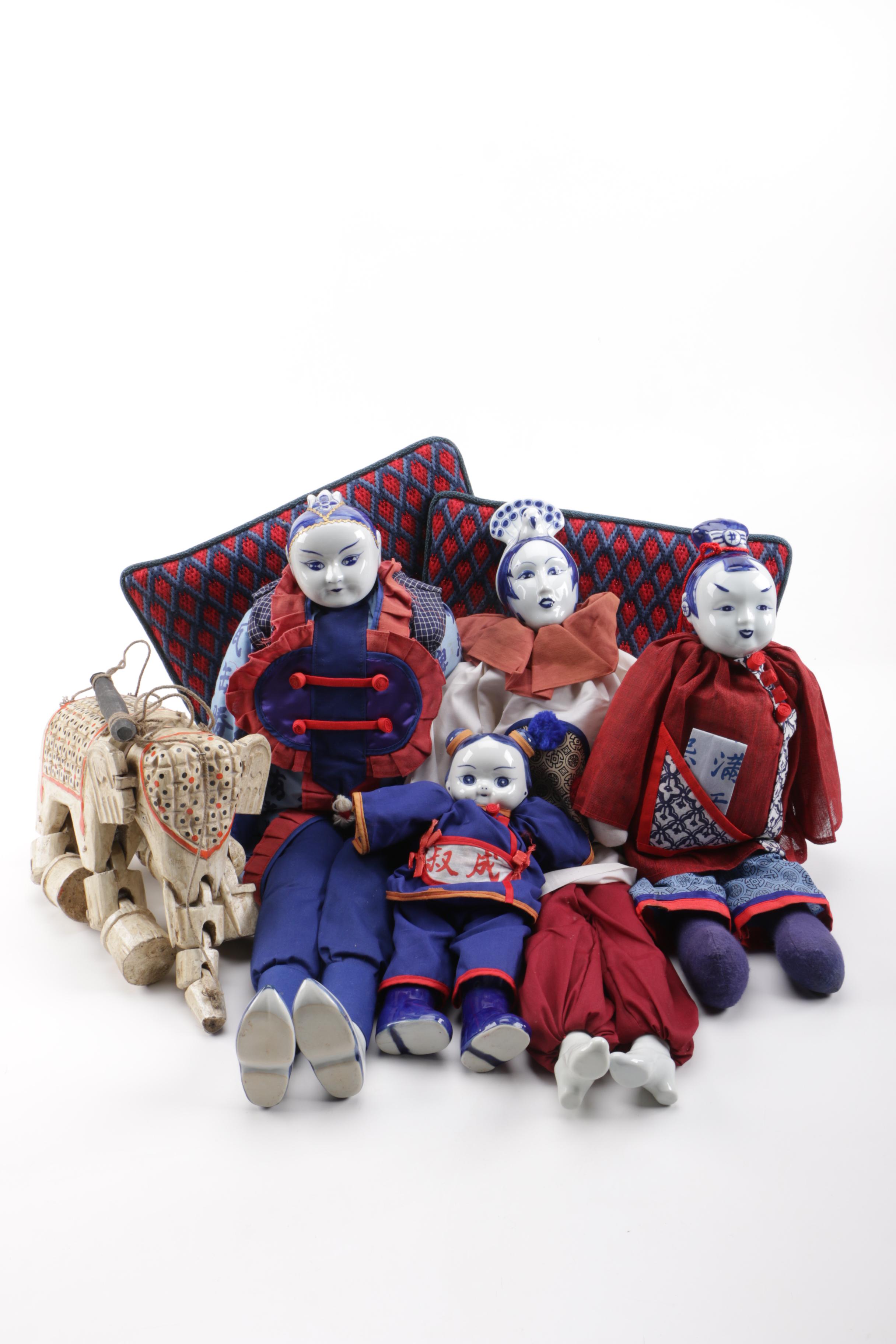 Collection of Chinese Dolls and Vintage Elephant Marionette