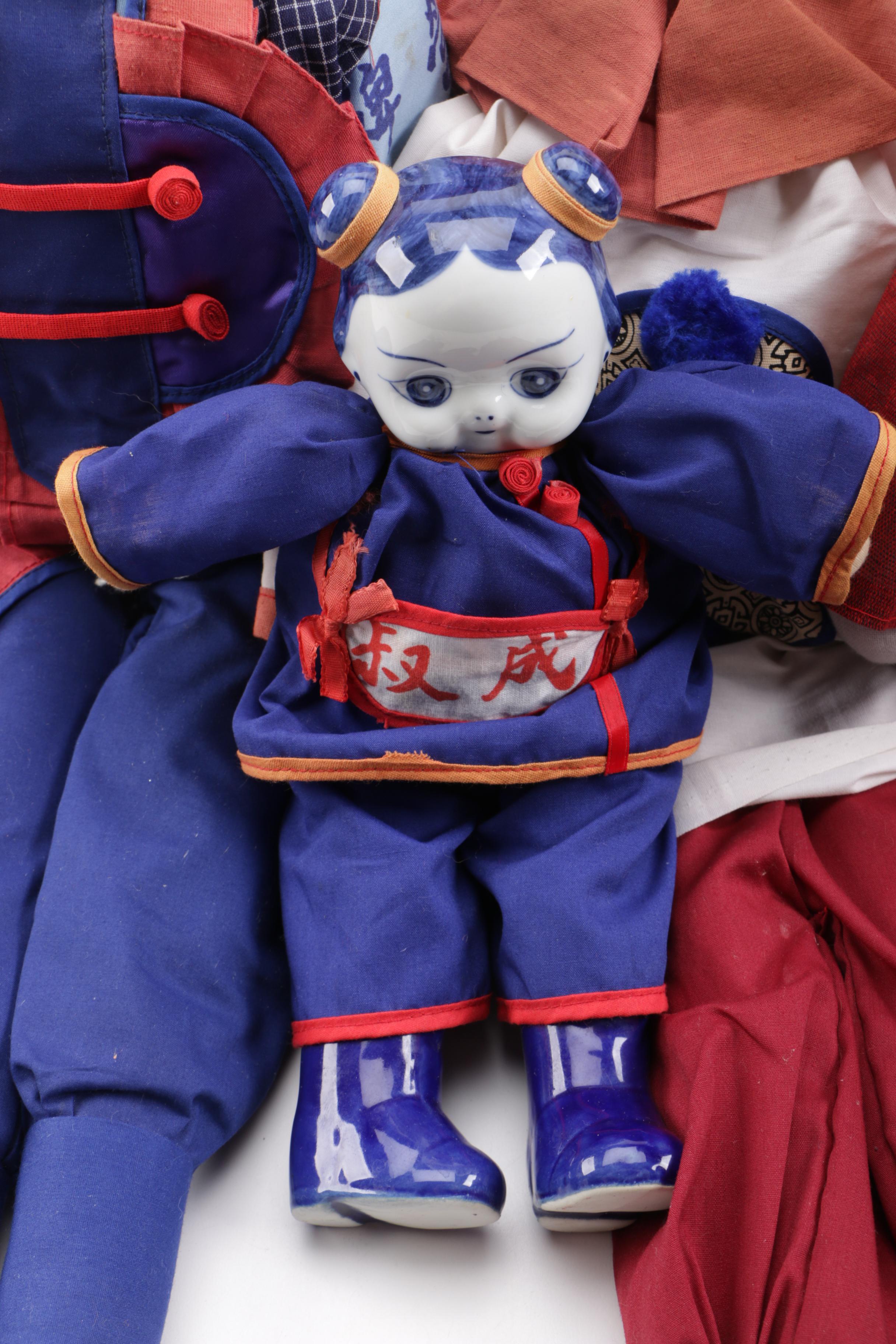 Collection of Chinese Dolls and Vintage Elephant Marionette