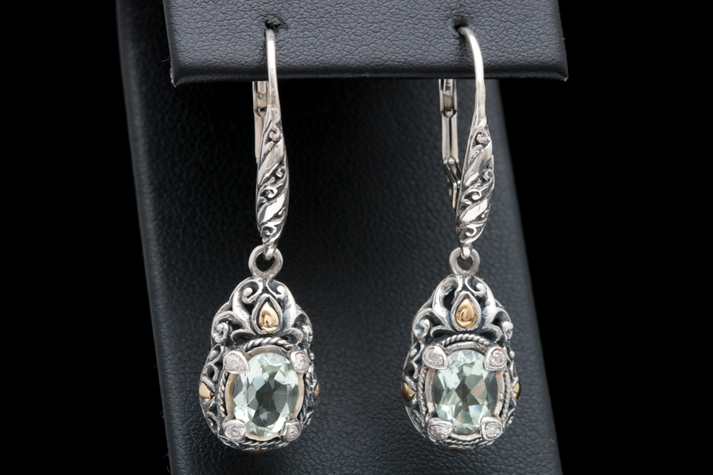 Robert Manse Sterling Silver, 18K Yellow Gold, Praseolite and Diamond Earrings