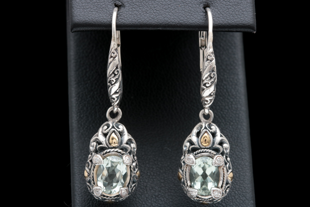 Robert Manse Sterling Silver, 18K Yellow Gold, Praseolite and Diamond Earrings
