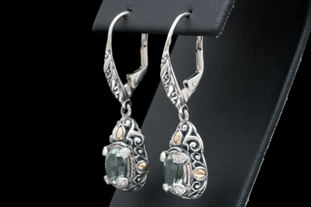 Robert Manse Sterling Silver, 18K Yellow Gold, Praseolite and Diamond Earrings