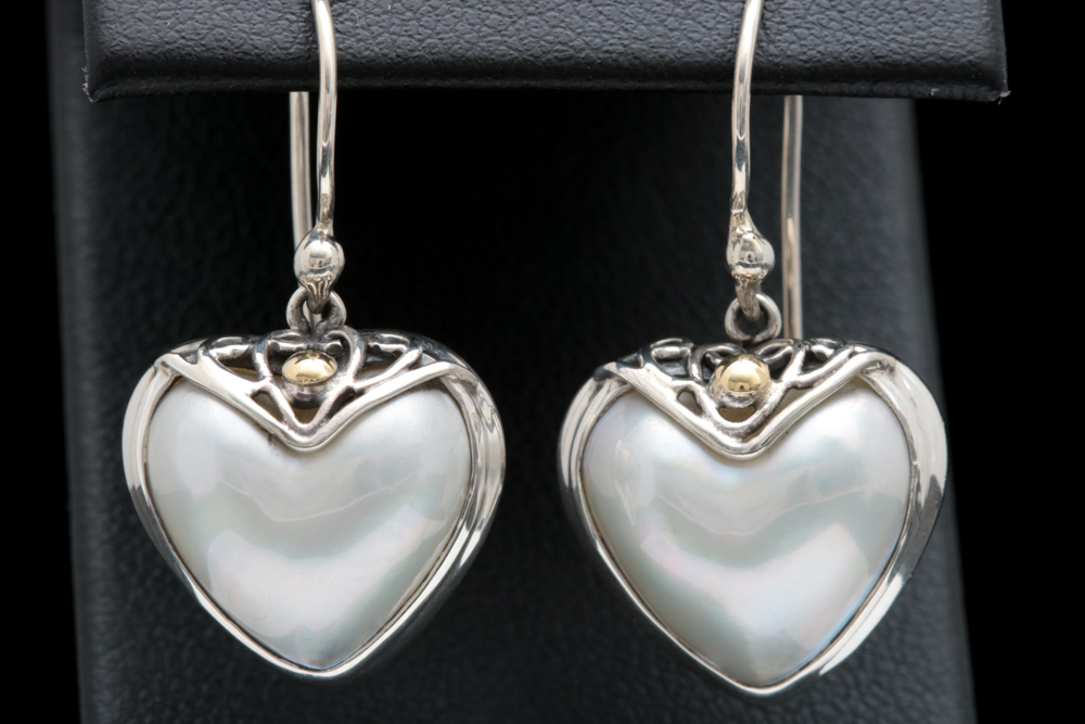Robert Manse Sterling Silver, 18K Yellow Gold and Mabe Pearl Heart Earrings
