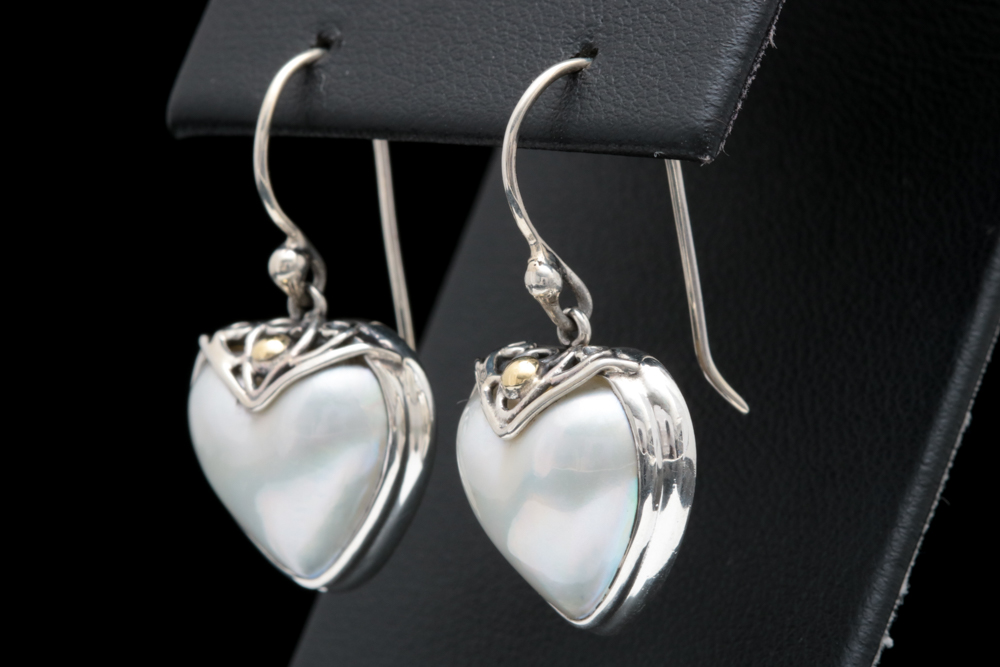 Robert Manse Sterling Silver, 18K Yellow Gold and Mabe Pearl Heart Earrings
