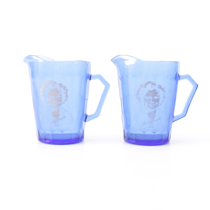 Blue Glass Shirley Temple Pitchers