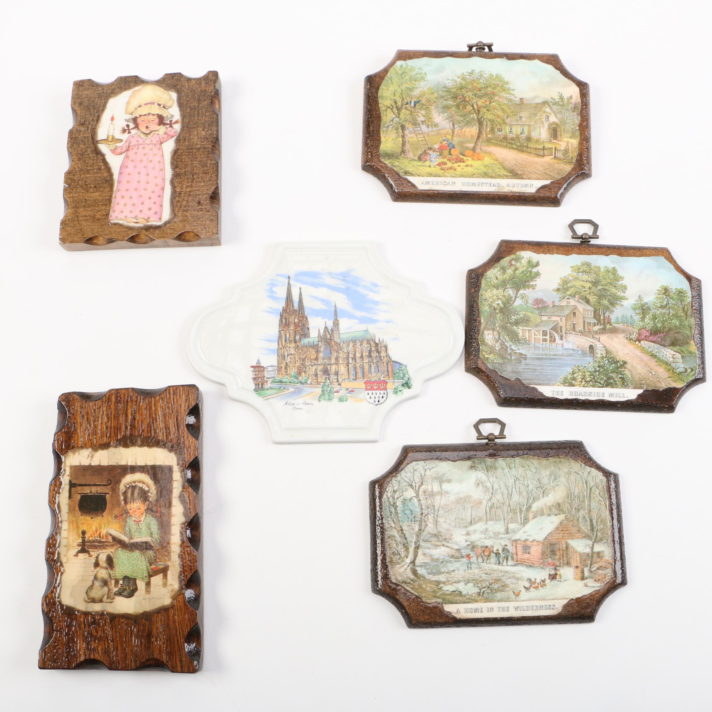 Collection of Vintage Prints Mounted to Wood and Ceramic