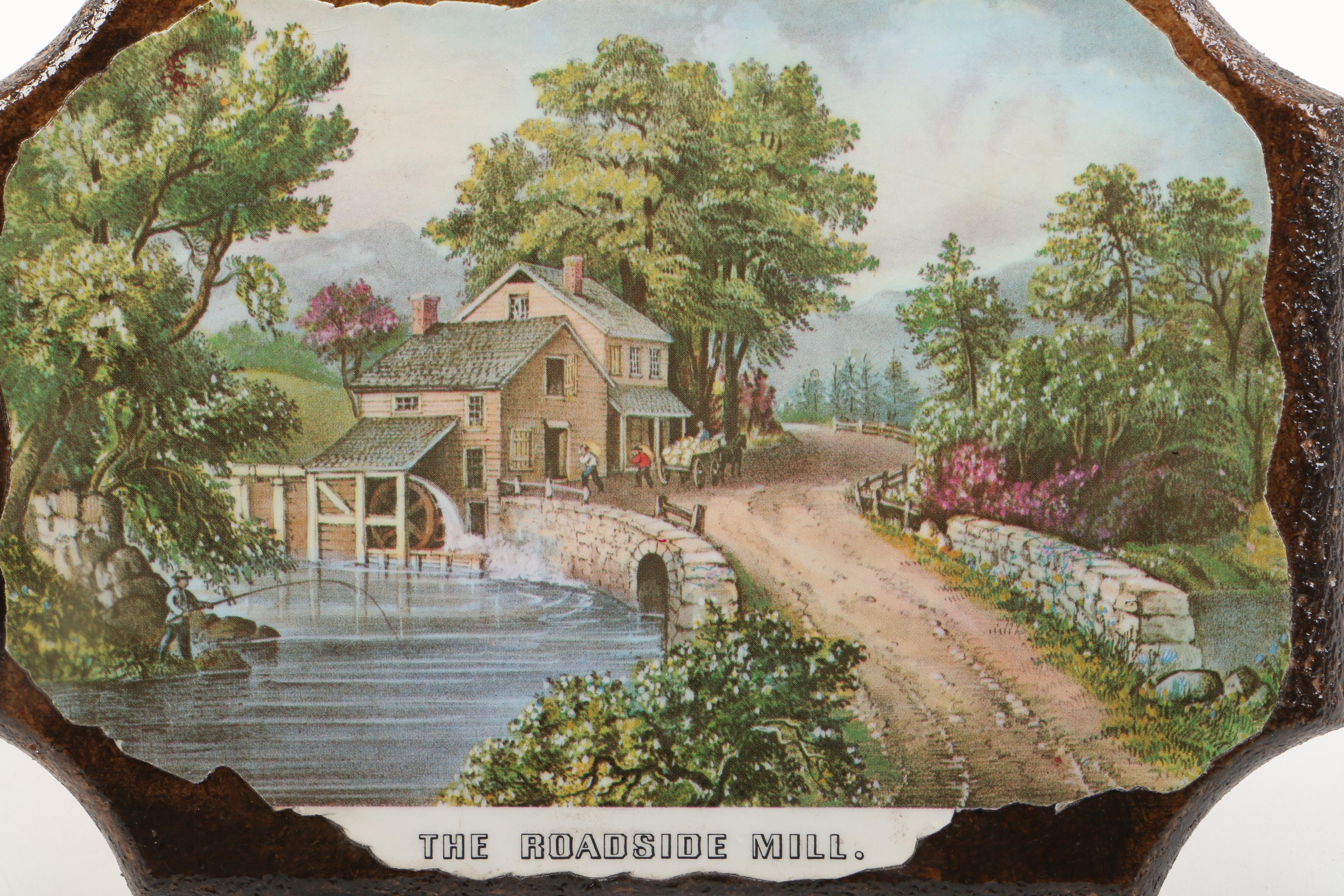 Collection of Vintage Prints Mounted to Wood and Ceramic