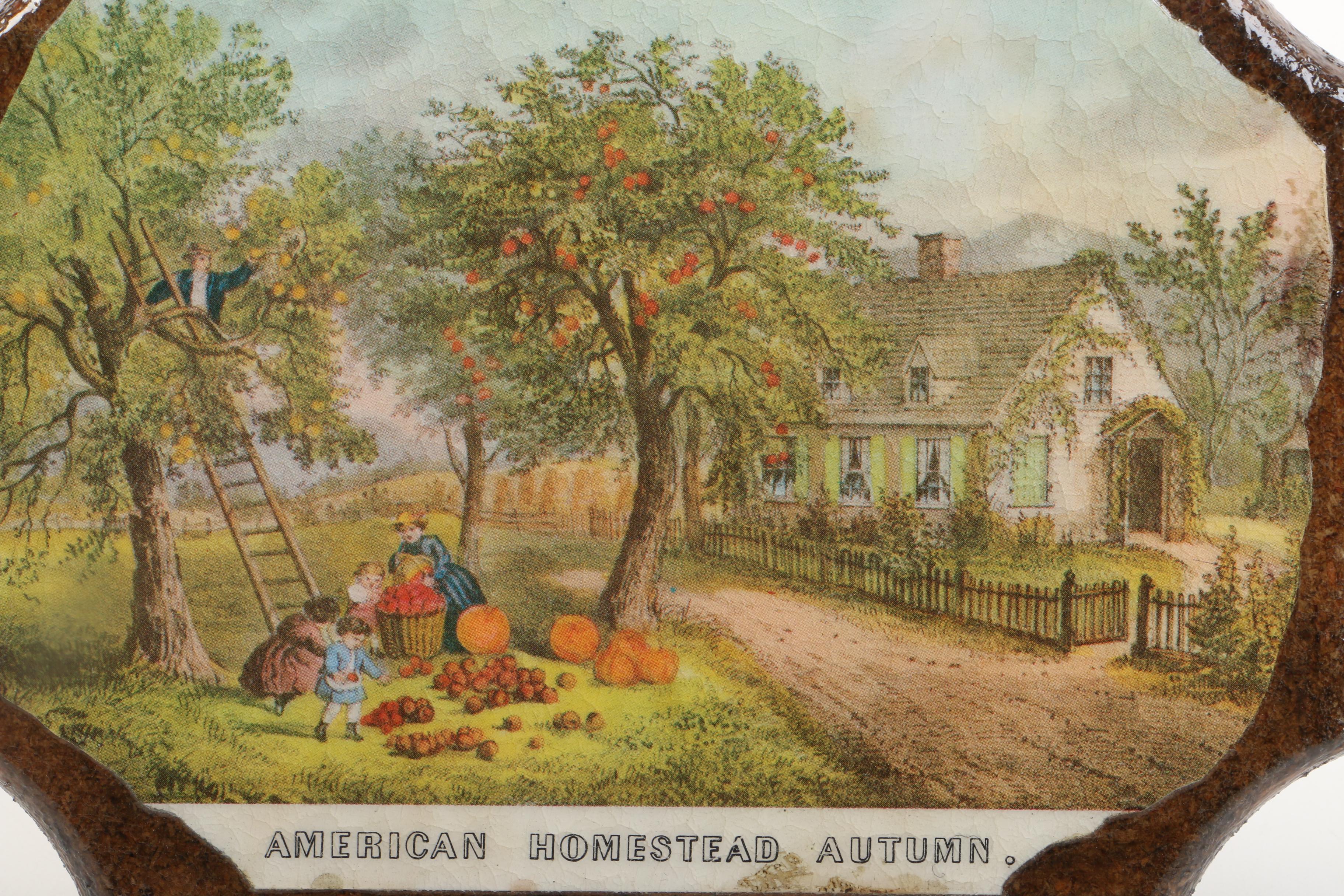 Collection of Vintage Prints Mounted to Wood and Ceramic