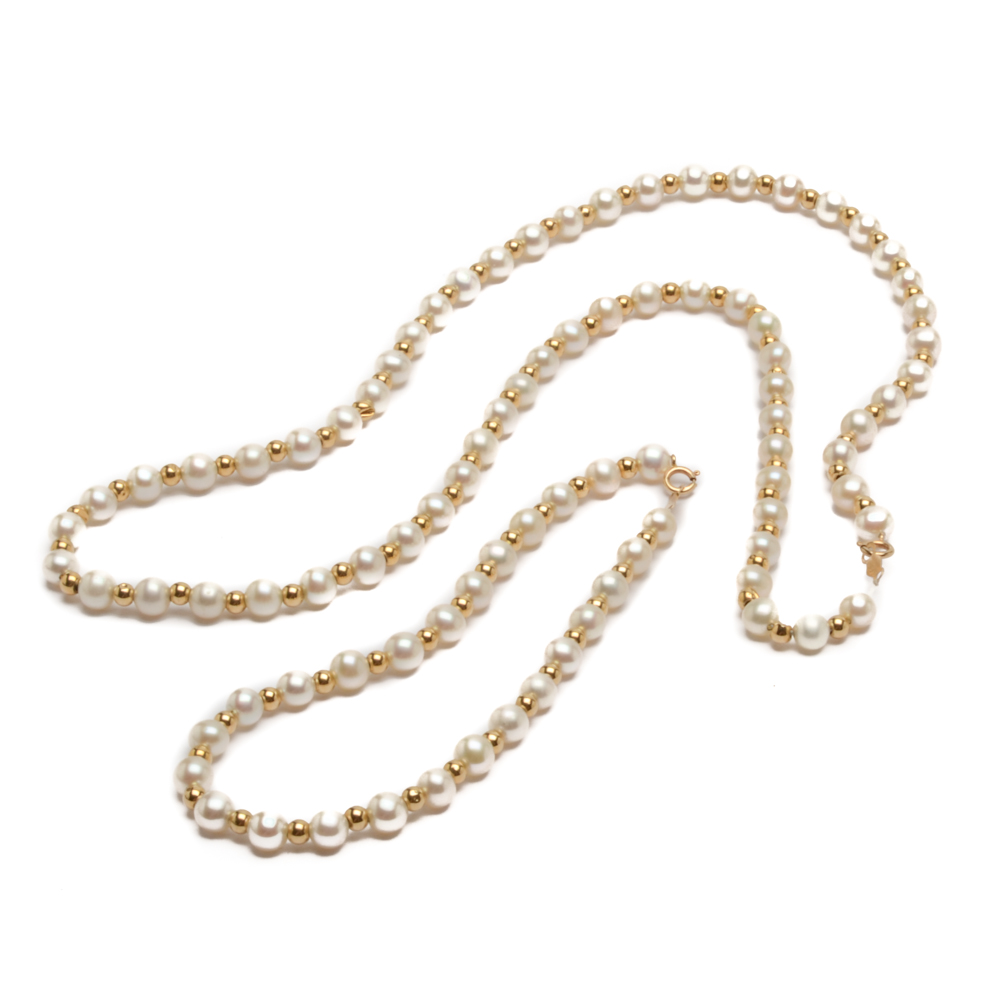14K Yellow Gold Bead and Cultured Pearl Necklace and Bracelet
