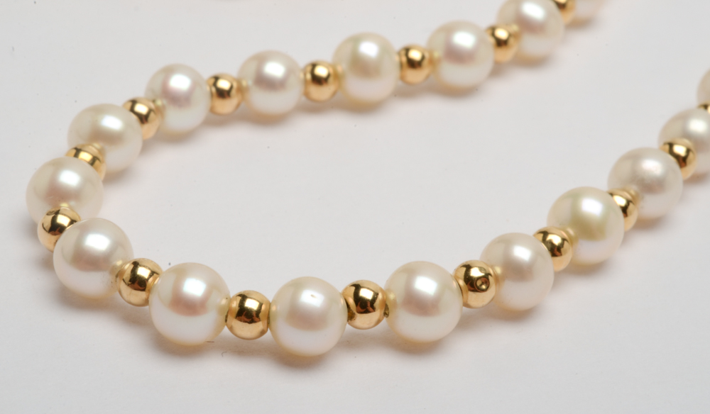 14K Yellow Gold Bead and Cultured Pearl Necklace and Bracelet