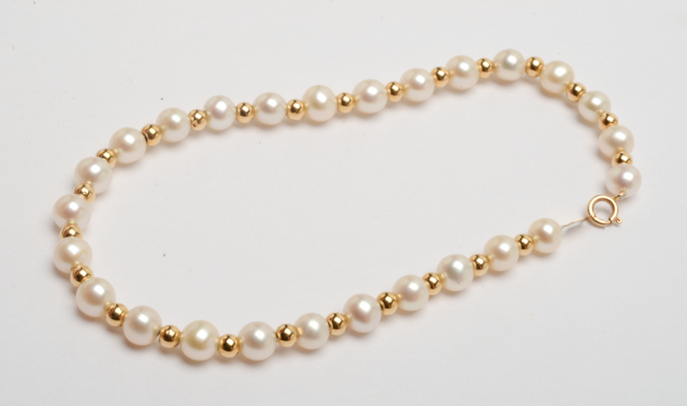 14K Yellow Gold Bead and Cultured Pearl Necklace and Bracelet