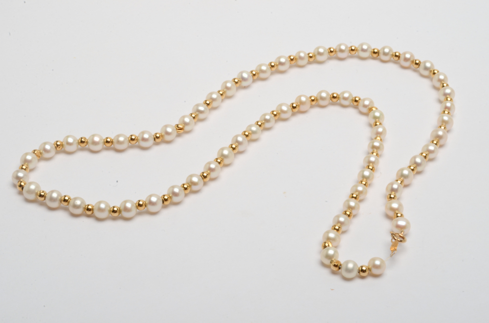 14K Yellow Gold Bead and Cultured Pearl Necklace and Bracelet