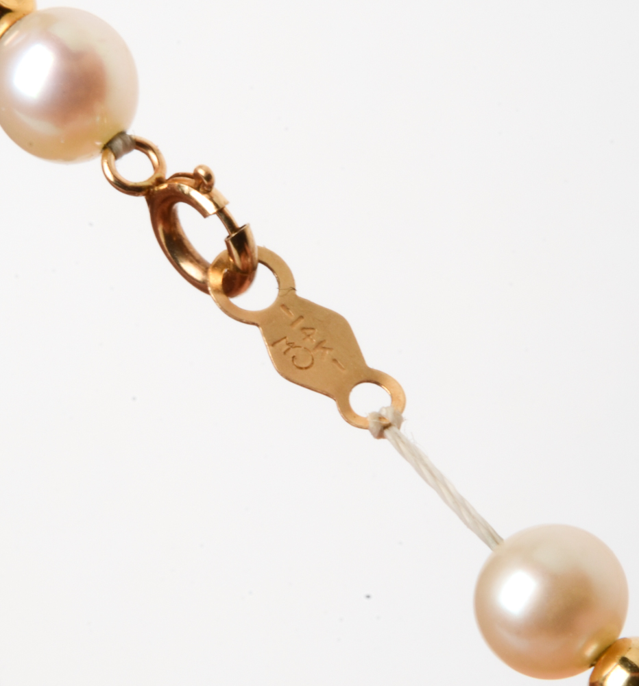 14K Yellow Gold Bead and Cultured Pearl Necklace and Bracelet