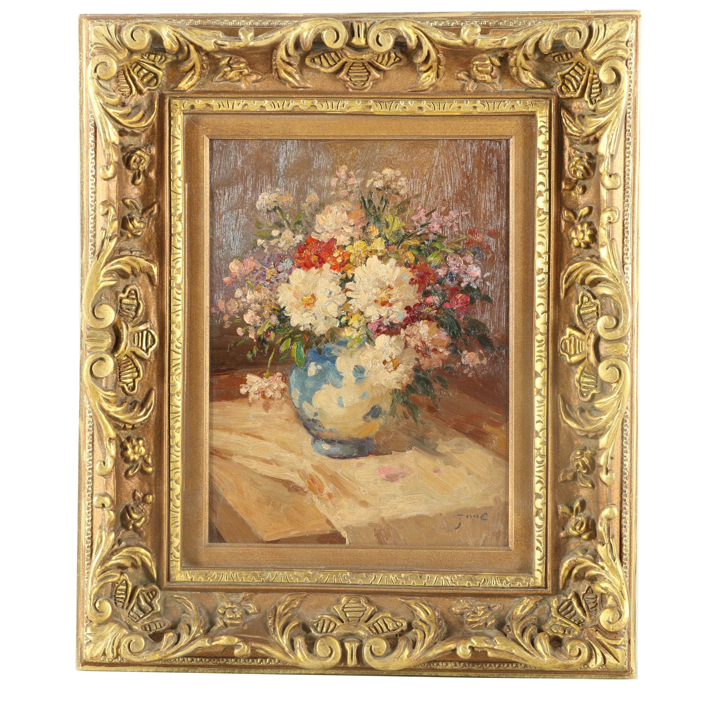 Jane Impasto Oil Painting on Canvas of Still Life with Flowers