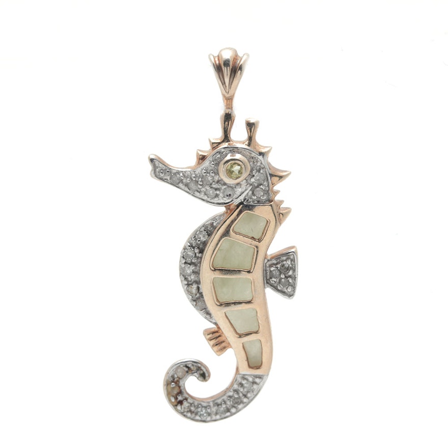 Sterling Silver Jadeite, Peridot, and Diamond Seahorse Pendant