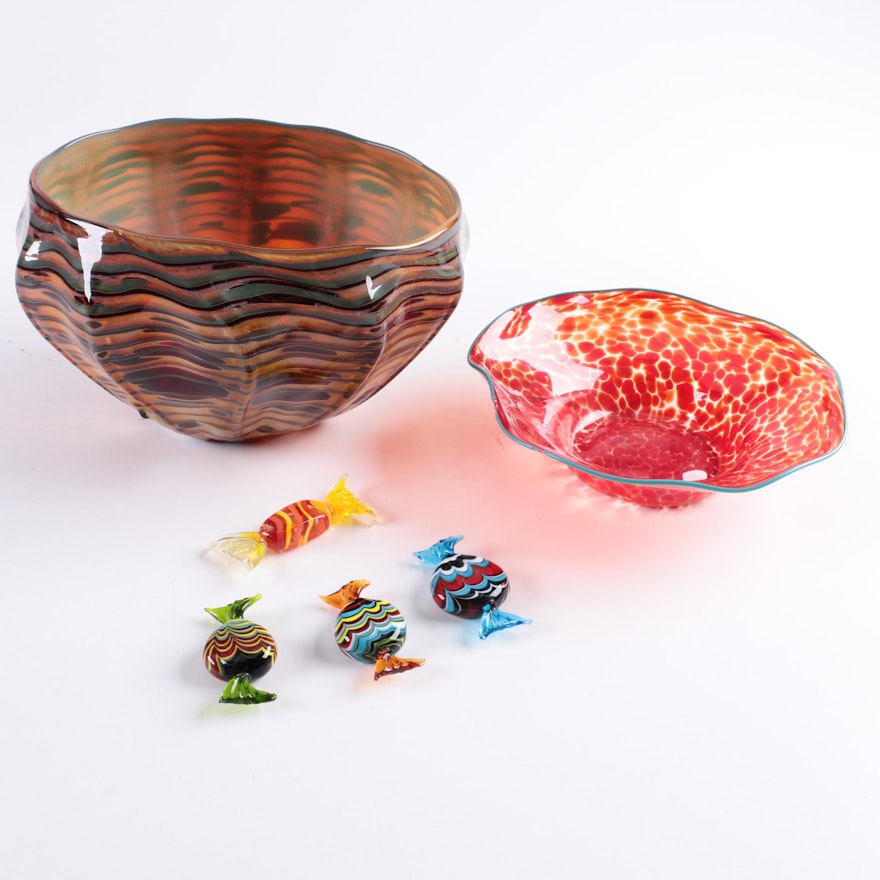 Blown Glass Bowls and Murano Glass Wrapped Candies