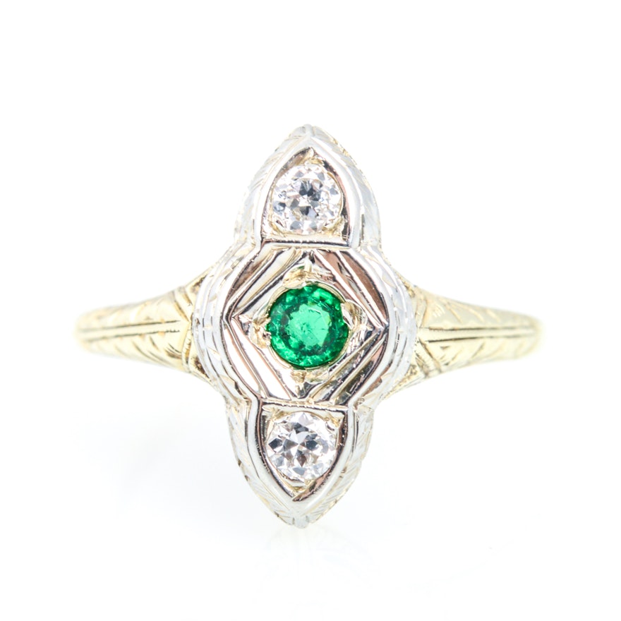 14K White and Yellow Gold Synthetic Emerald and Diamond  Art Deco Style Ring