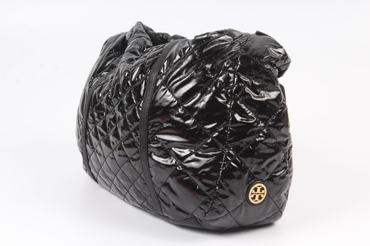 Tory Burch Quilted Black Patent Leather Hobo Bag
