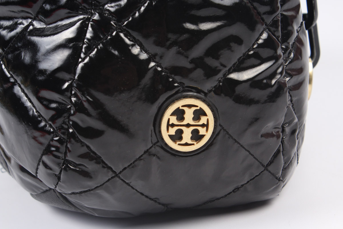 Tory Burch Quilted Black Patent Leather Hobo Bag