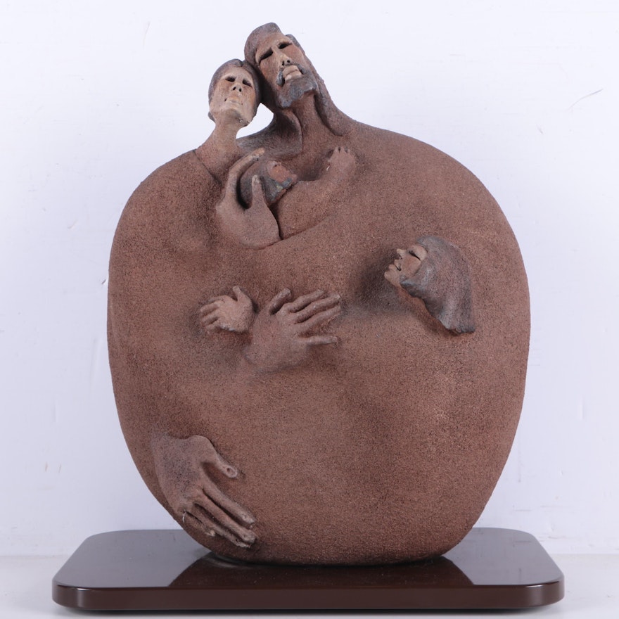 B. Majeski Clay Sculpture of Rounded Abstract Family Unit
