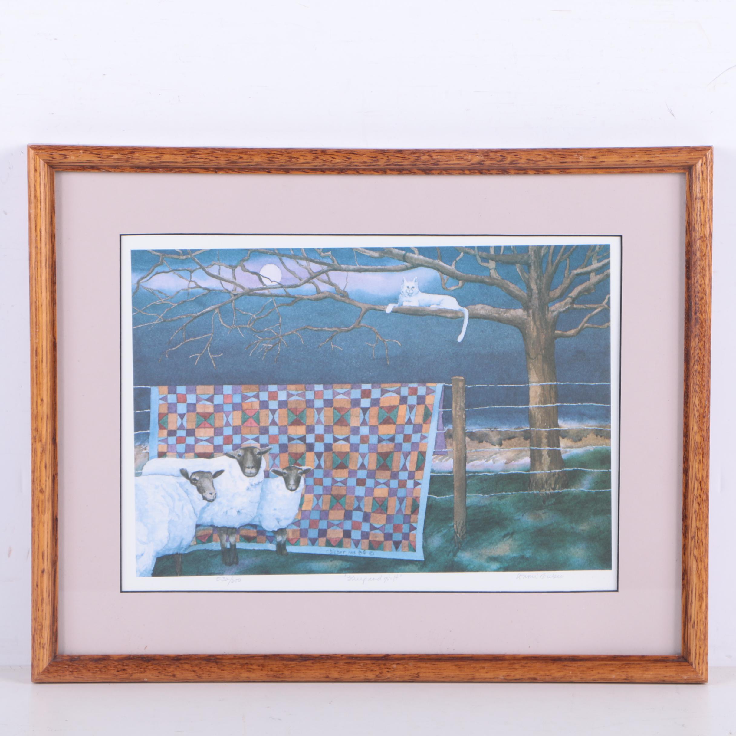 Connie Bieber Limited Edition Offset Lithograph "Sheep and Quilt"