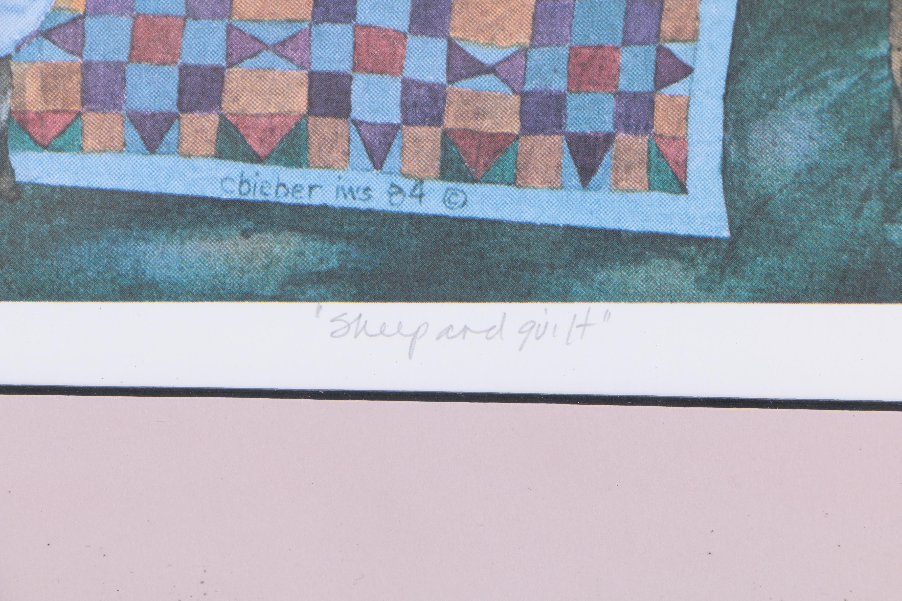 Connie Bieber Limited Edition Offset Lithograph "Sheep and Quilt"