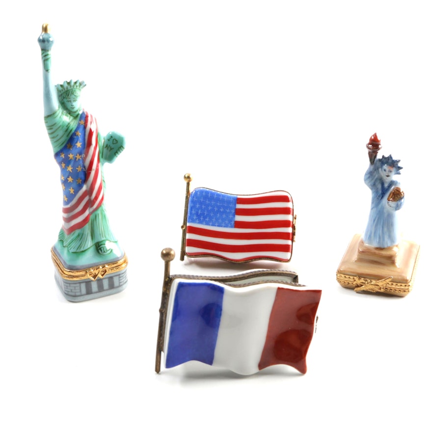Limoges Porcelain American and French Patriotic Themed Trinket Boxes
