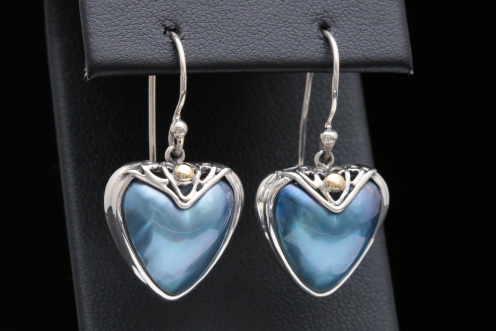 Robert Manse Sterling SIlver, 18K Gold and Blue Mother of Pearl Heart Earrings