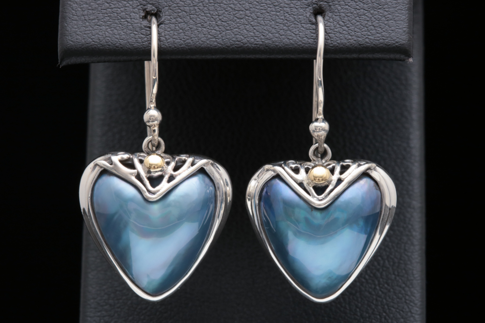 Robert Manse Sterling SIlver, 18K Gold and Blue Mother of Pearl Heart Earrings