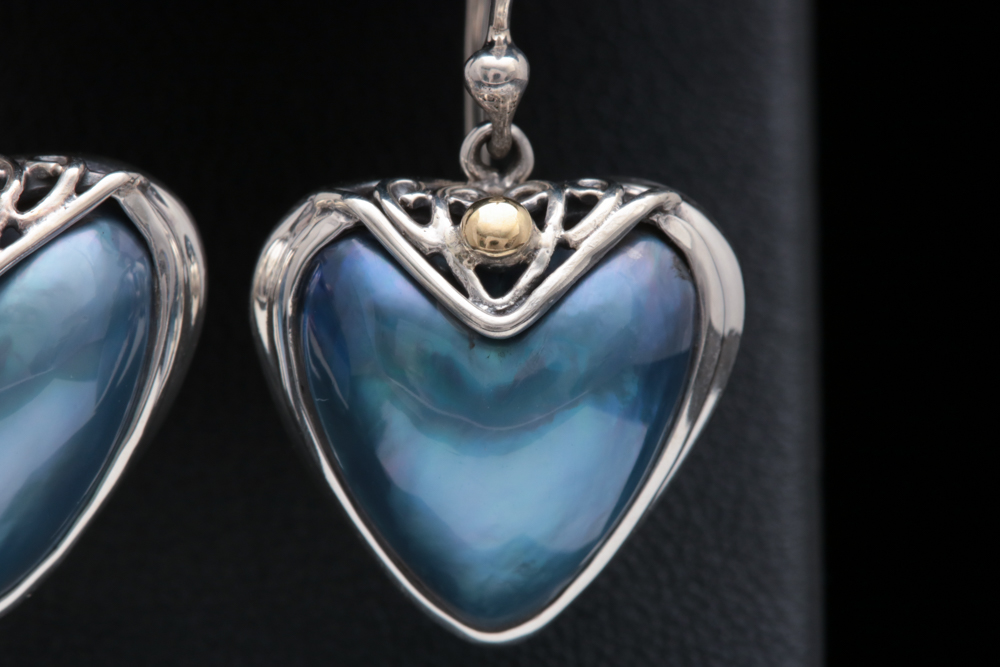 Robert Manse Sterling SIlver, 18K Gold and Blue Mother of Pearl Heart Earrings
