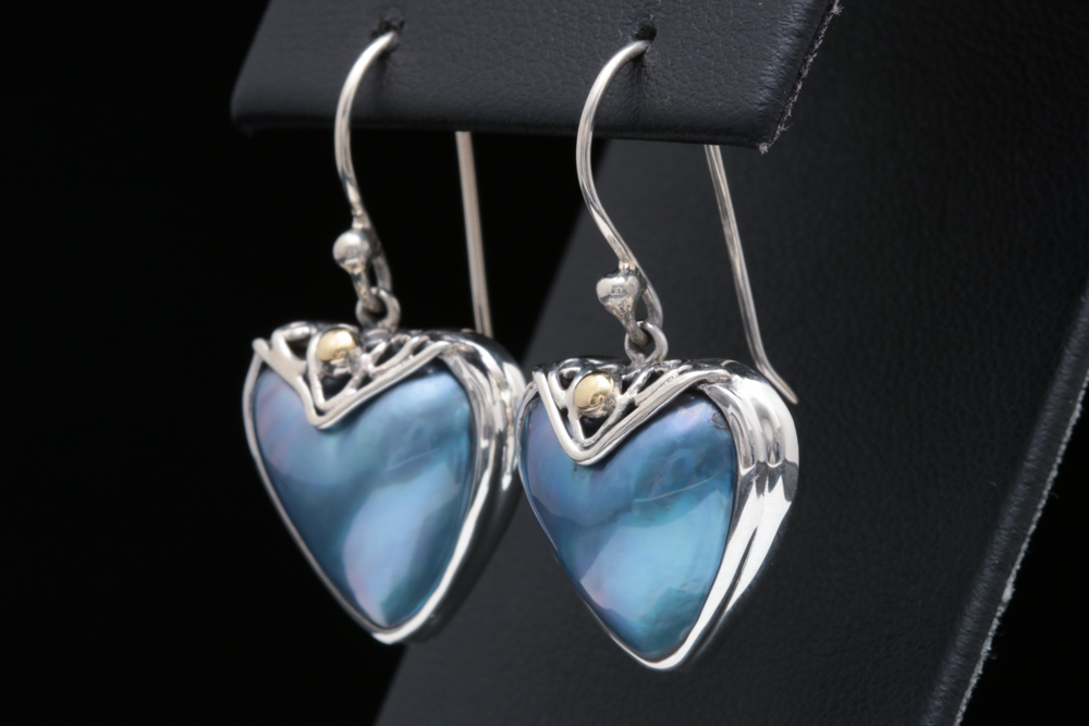 Robert Manse Sterling SIlver, 18K Gold and Blue Mother of Pearl Heart Earrings