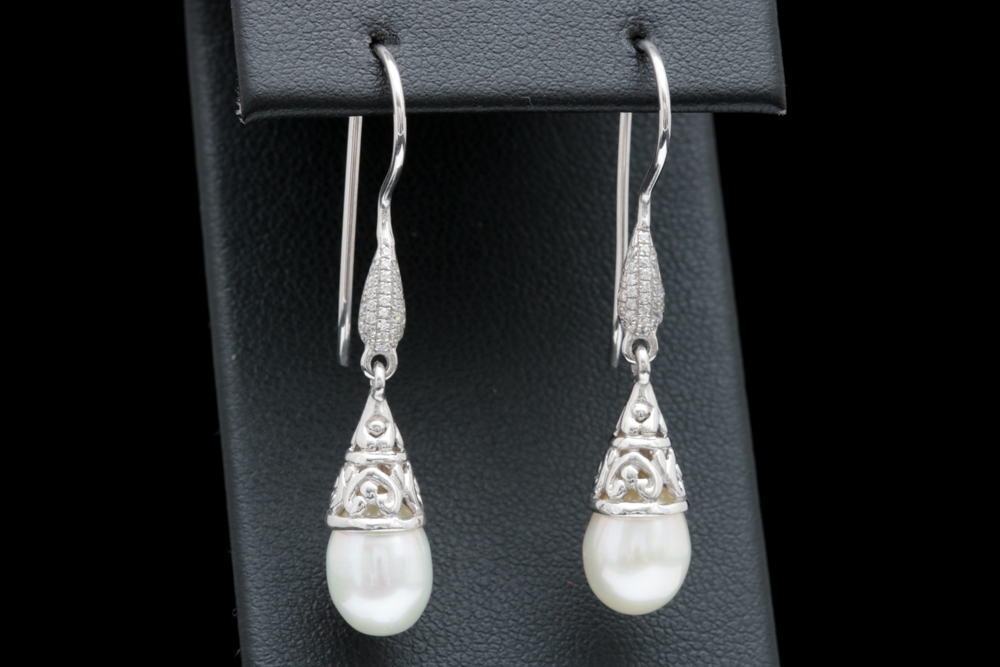 Sterling Silver, Pearl and Cubic Zirconia Dangle Earrings