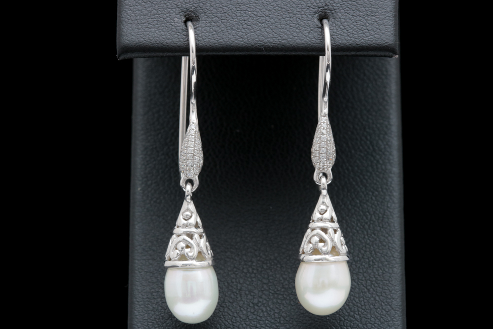 Sterling Silver, Pearl and Cubic Zirconia Dangle Earrings