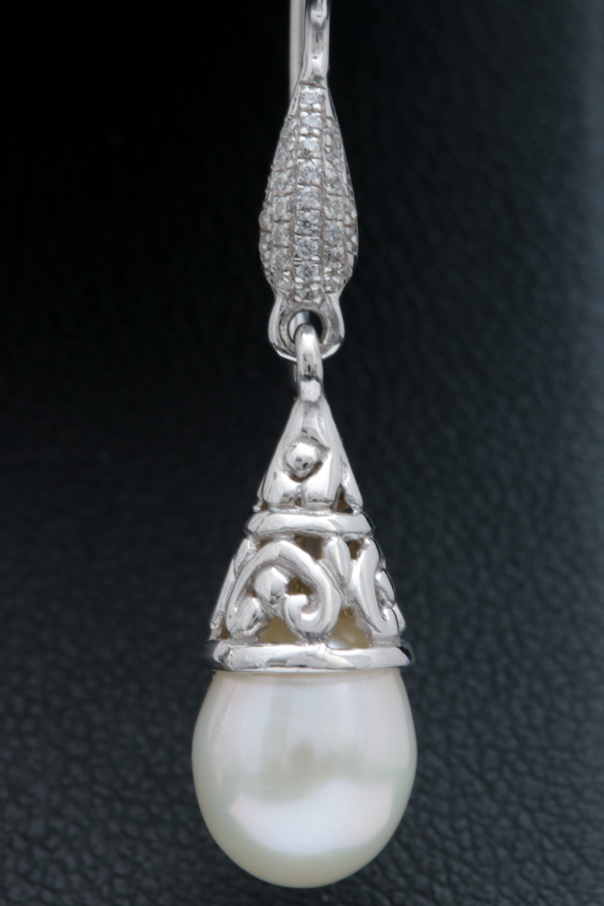Sterling Silver, Pearl and Cubic Zirconia Dangle Earrings