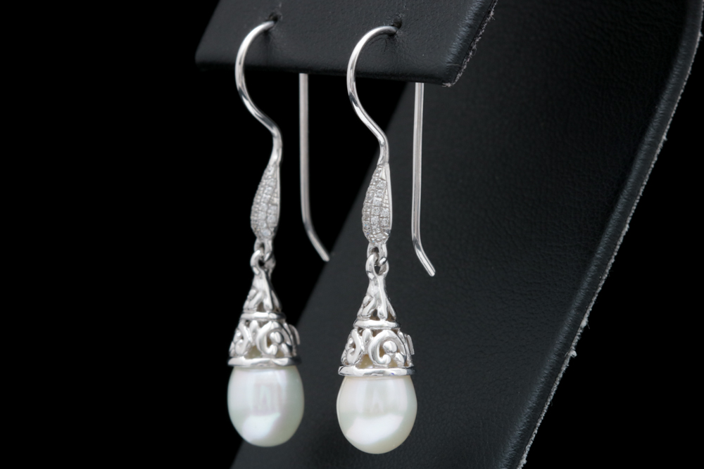 Sterling Silver, Pearl and Cubic Zirconia Dangle Earrings