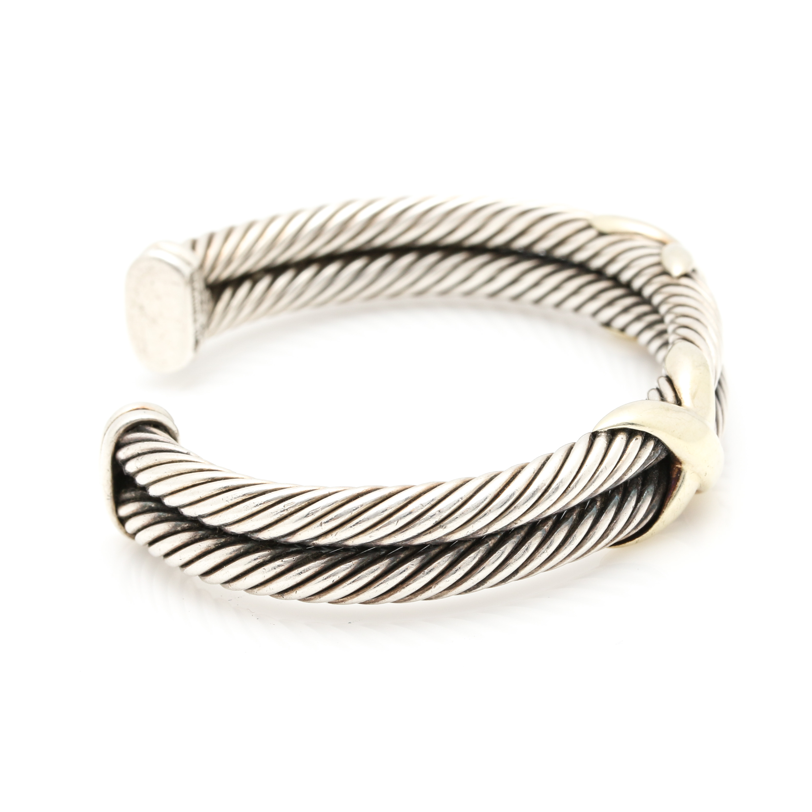 David Yurman Sterling Silver Double Cable Cuff With 14K Yellow Gold X