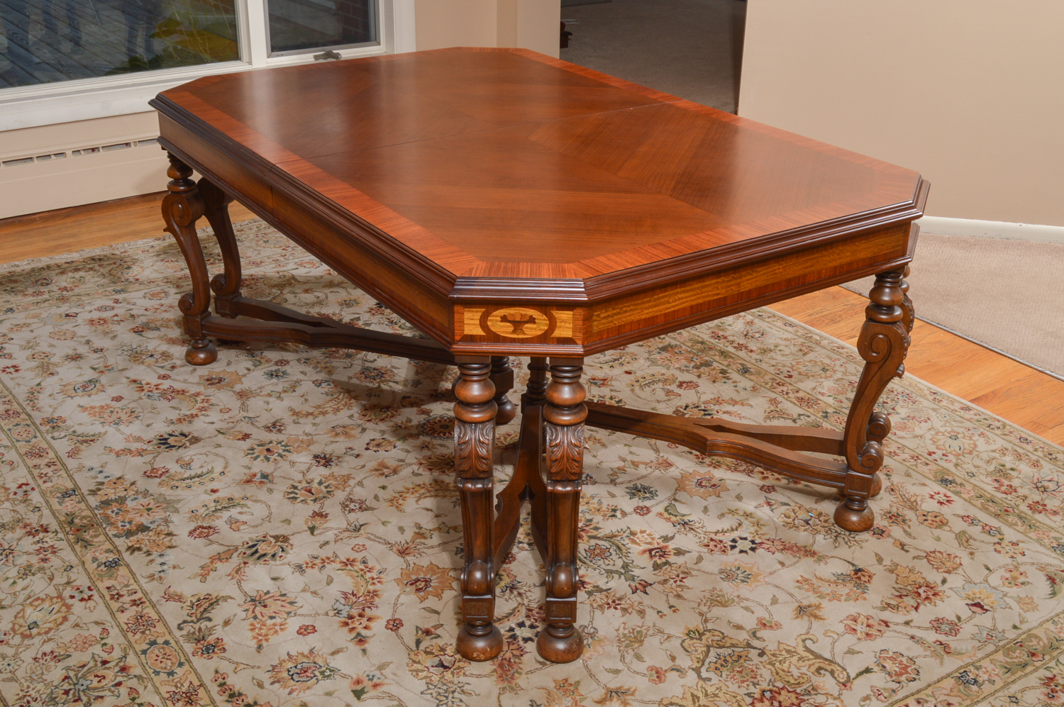 Jacobean Style Expandable Dining Room Table with Dining Chairs