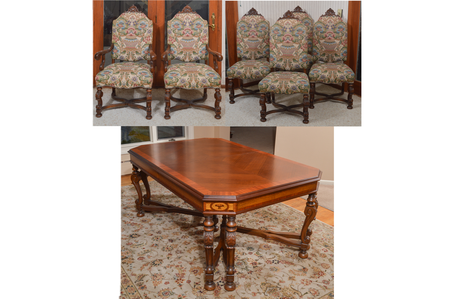 Jacobean Style Expandable Dining Room Table with Dining Chairs