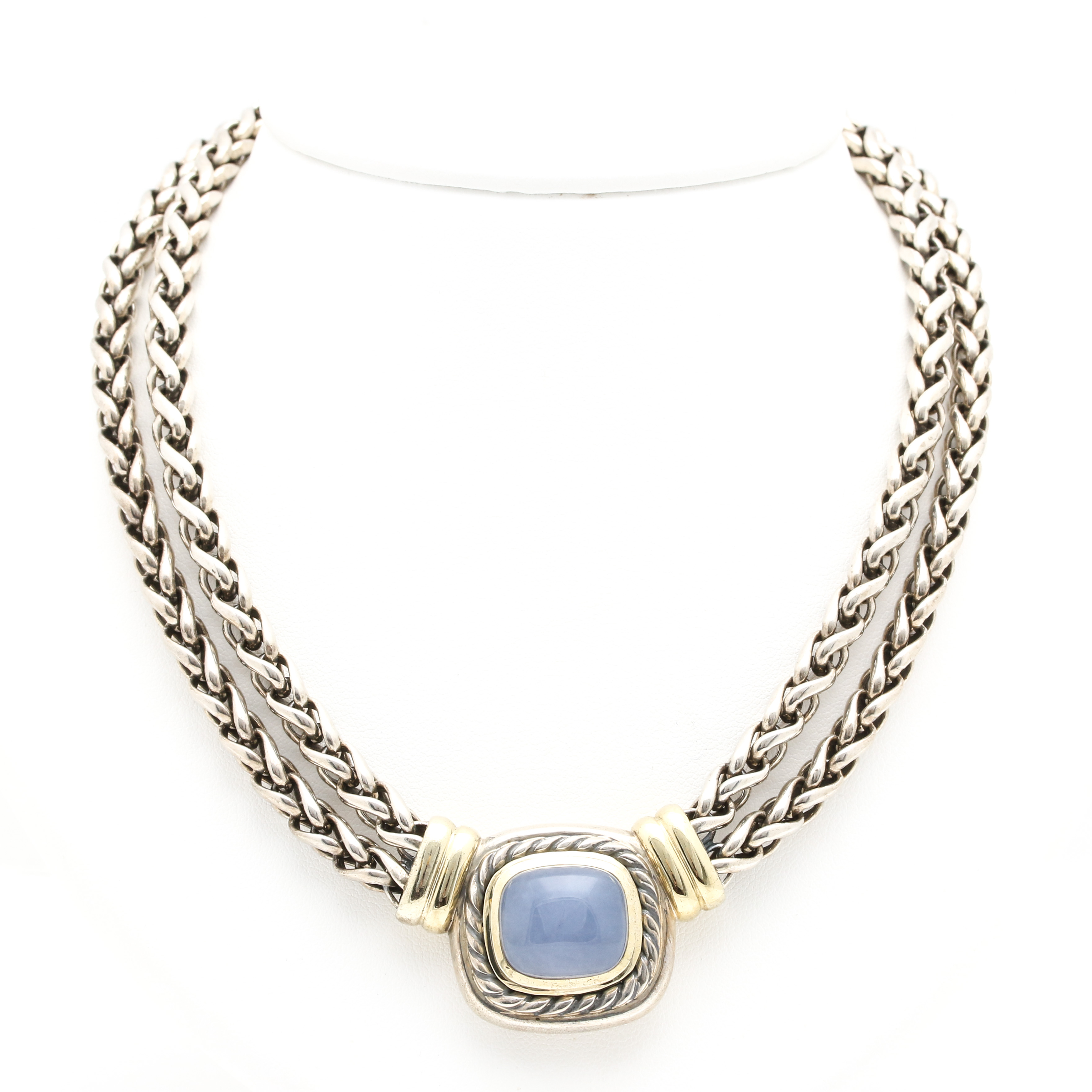 David Yurman Sterling Silver and 14K Gold Chalcedony Pendant Necklace