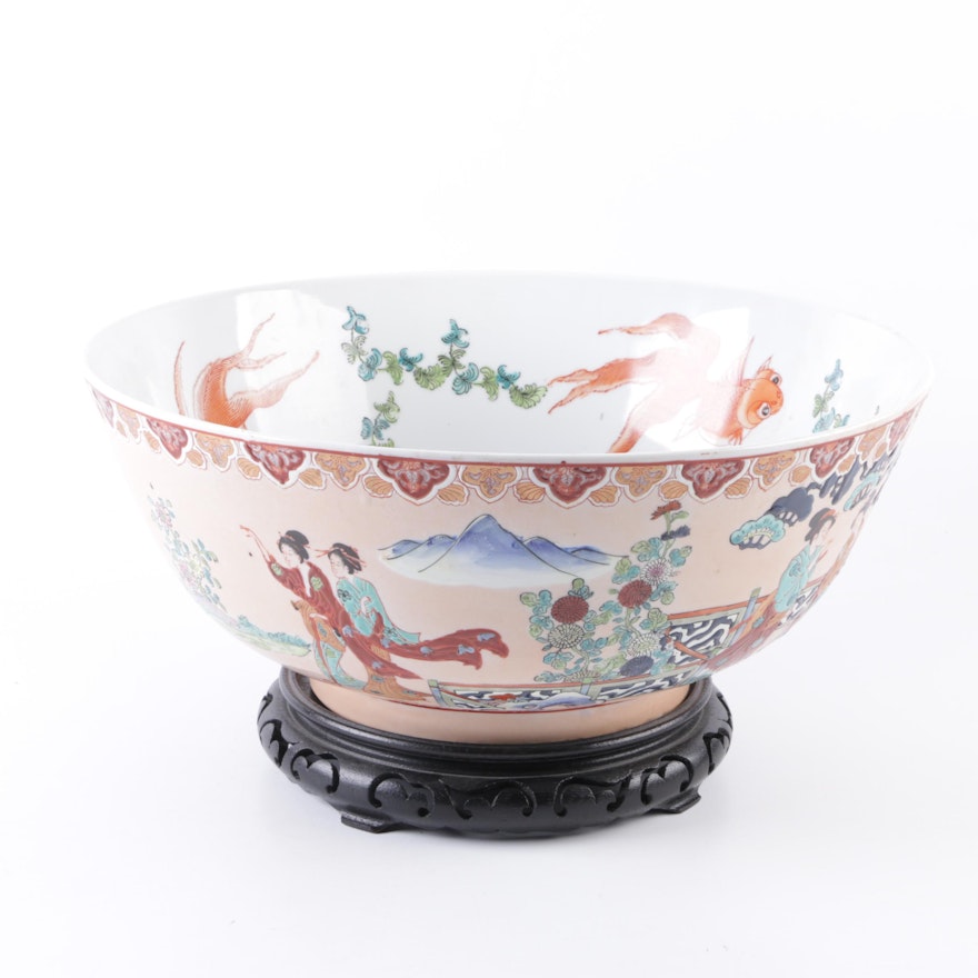 Large Decorative Japanese Koi Bowl with Carved Stand