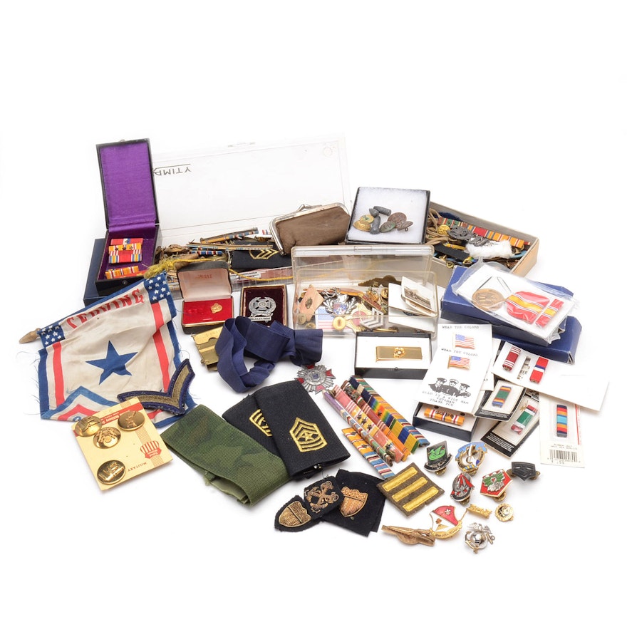 Collection of Vintage US Military Ribbons and Insignia