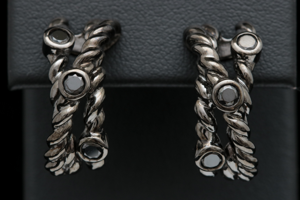 Black Rhodium Plated Sterling Silver and Black Crystal Half Hoop Earrings