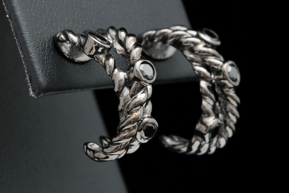 Black Rhodium Plated Sterling Silver and Black Crystal Half Hoop Earrings