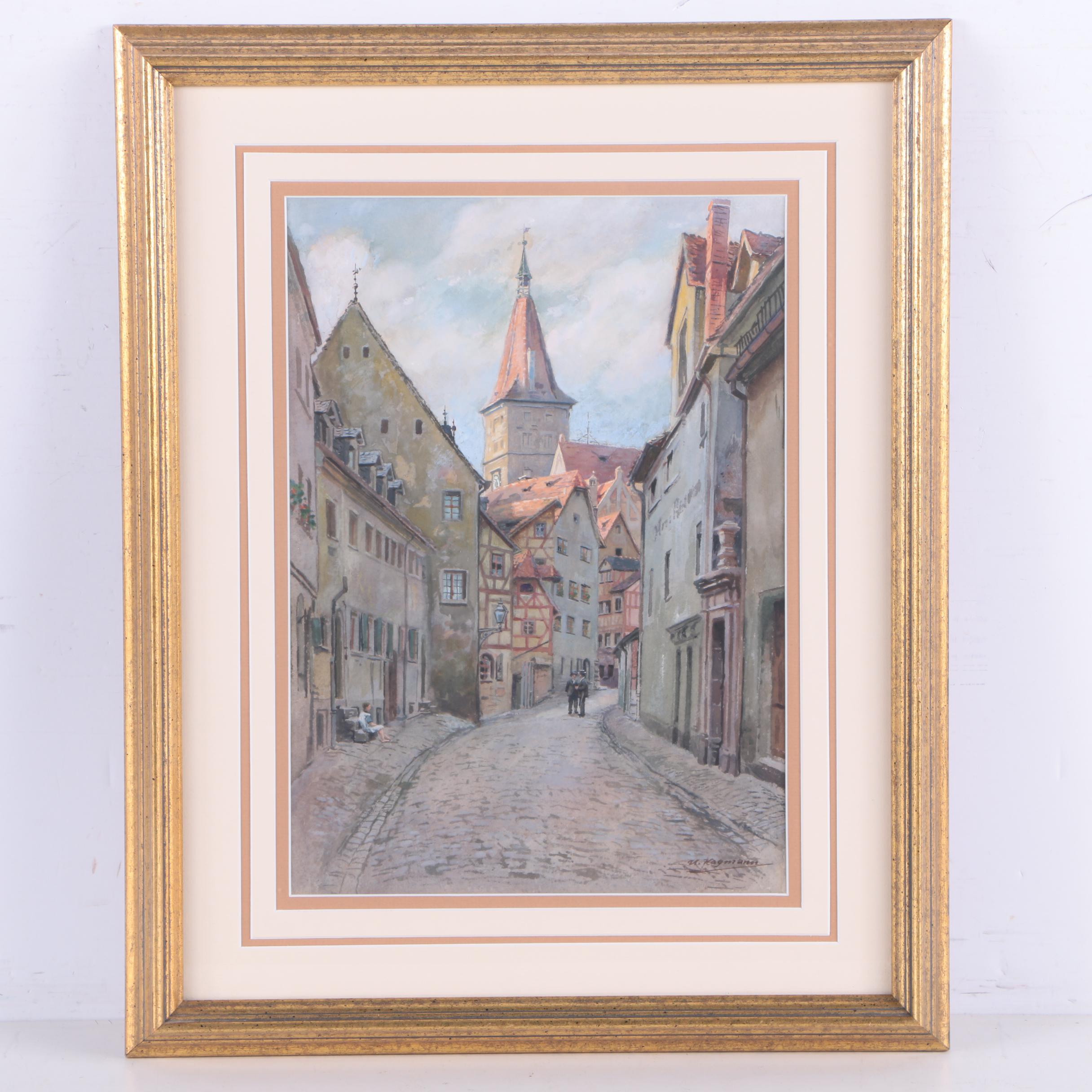 U. Hagmann Watercolor and Gouache Painting of European Village Street Scene