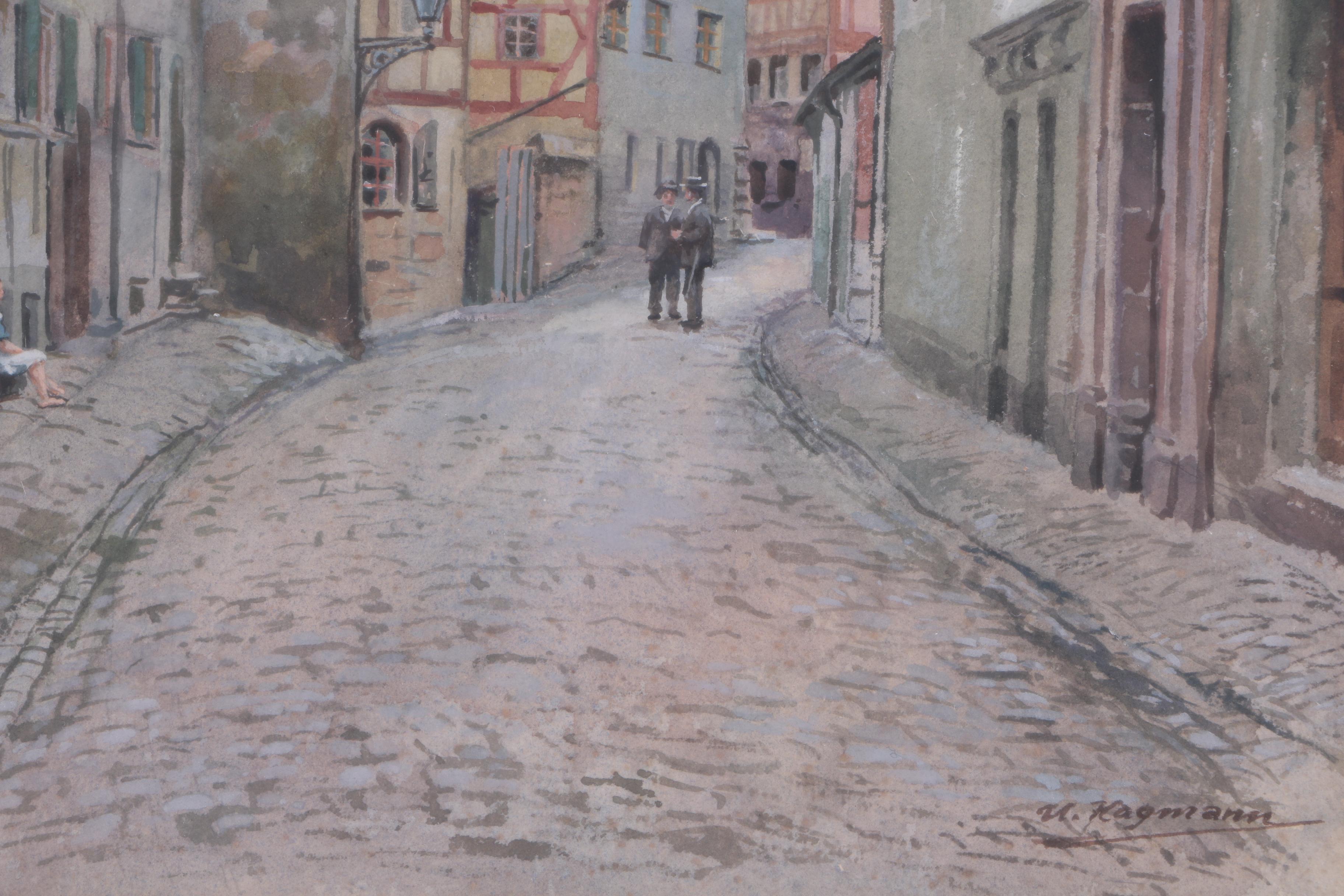 U. Hagmann Watercolor and Gouache Painting of European Village Street Scene