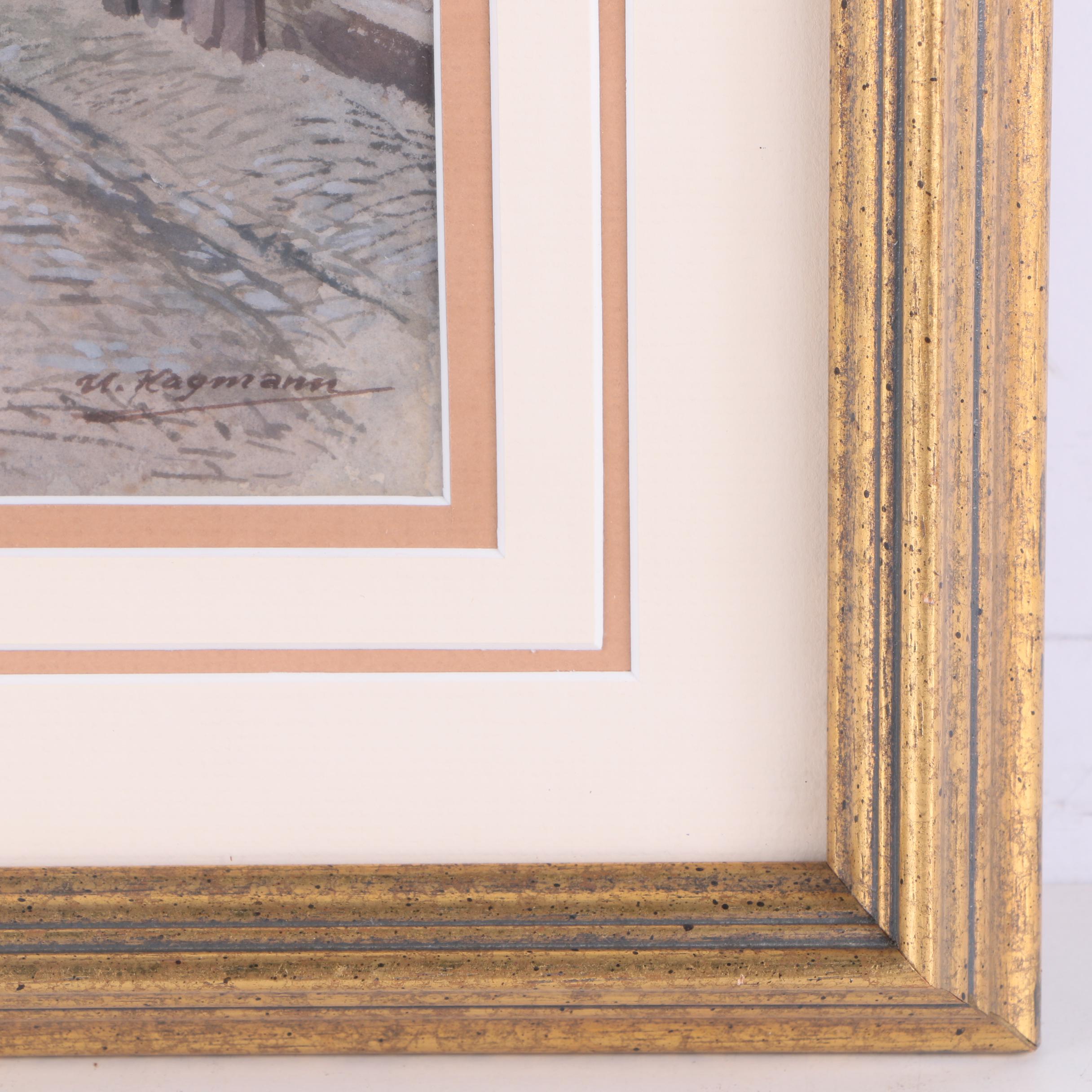 U. Hagmann Watercolor and Gouache Painting of European Village Street Scene