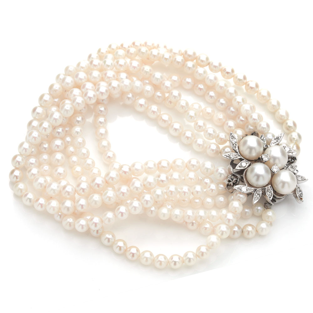 14k White Gold Diamond and Cultured Pearl Bracelet